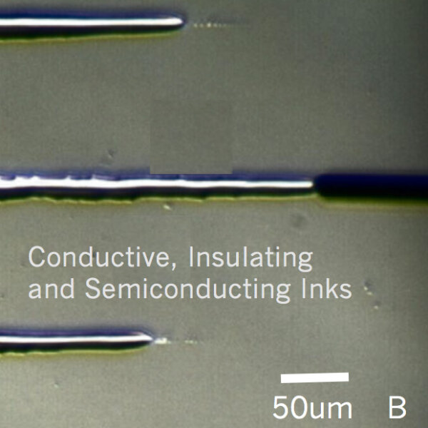 Conductive, Insulating, and Semiconducting Inks size comparison to 50um